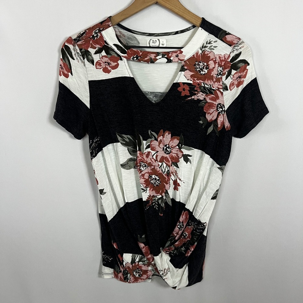 24/7 Maurices Shirt Women Small Stripe Floral Keyhole Neck Knot Tie Front Blouse